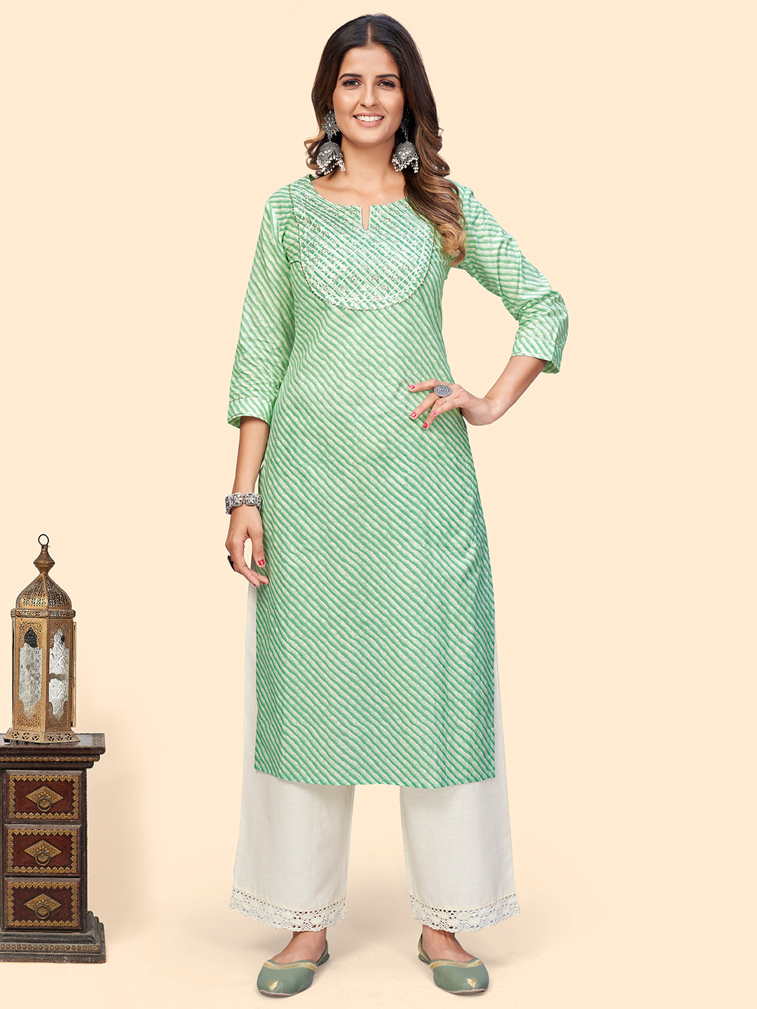 Women's Printed & Sequience Straight Cotton Sea Green Stitched Kurta - Vbuyz