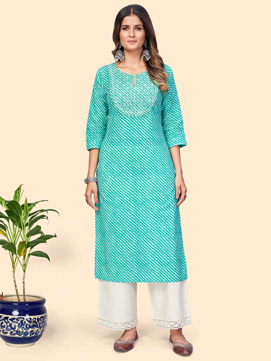 Women's Printed & Sequience Straight Cotton Turquoise Stitched Kurta - Vbuyz