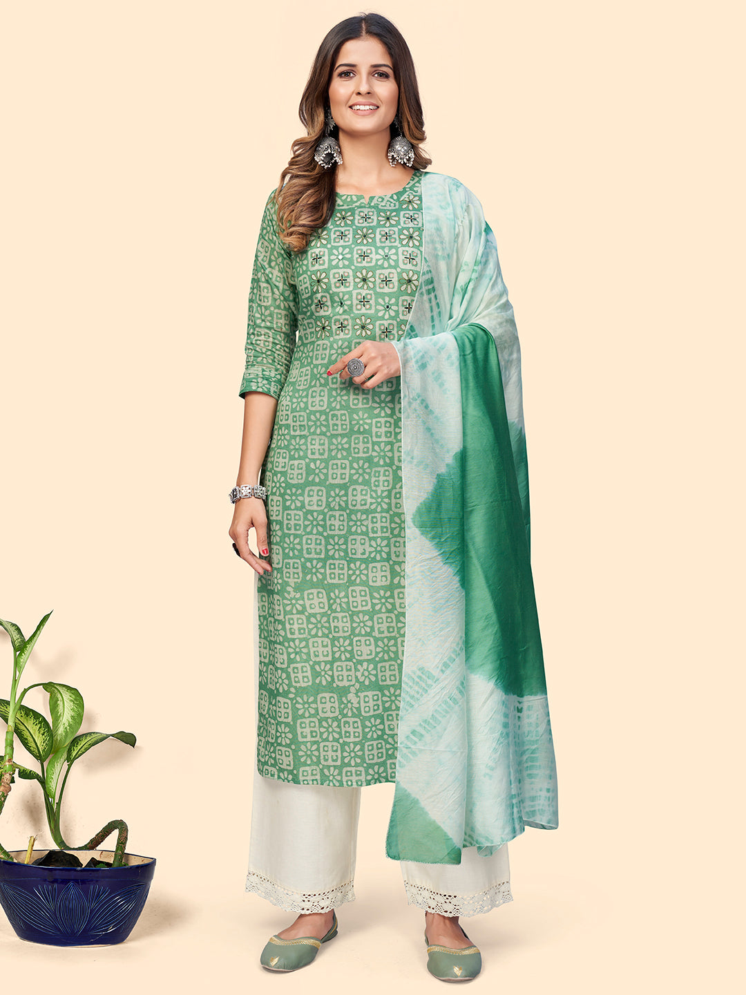 Women's Printed & Embroidered Straight Chanderi Sea Green Stitched Kurta With Dupatta - Vbuyz