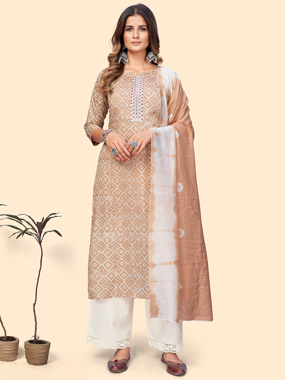 Women's Printed & Embroidered Straight Chanderi Light Brown Stitched Kurta With Dupatta - Vbuyz