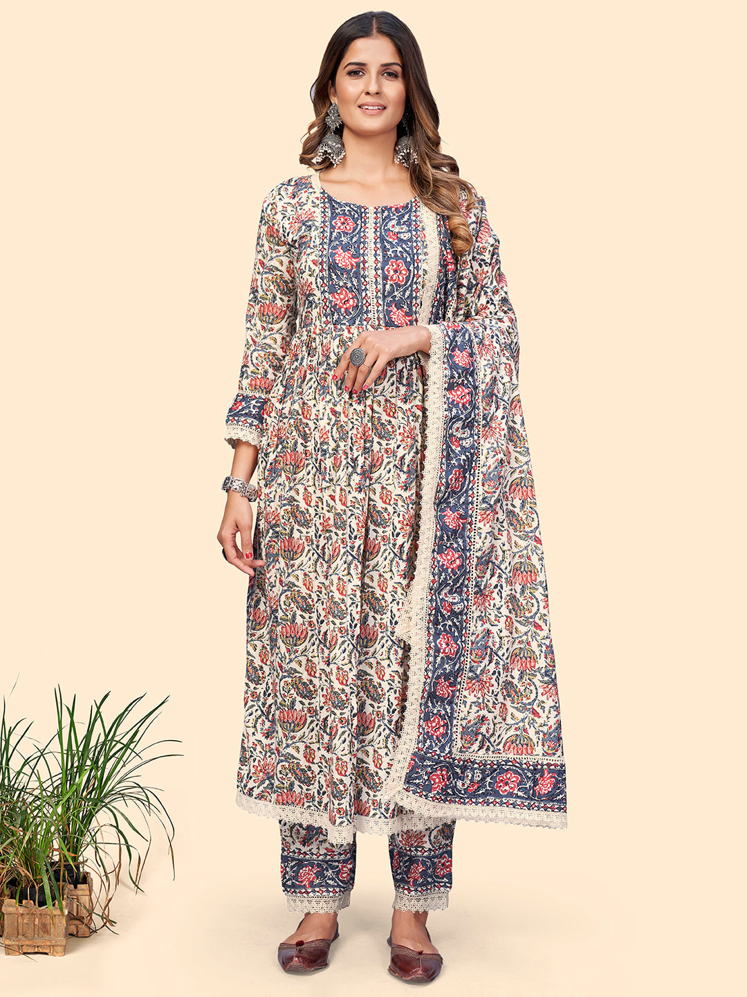 Women's Floral Print Straight Cotton Beige Stitched Kurta Pant With Dupatta - Vbuyz