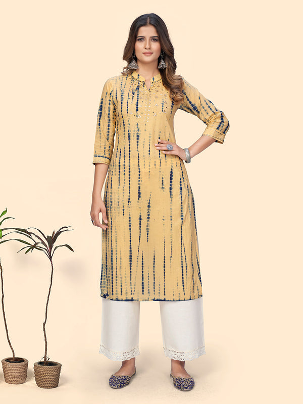 Women's Tie & Dye Print & Gota Work Straight Cotton Yellow Stitched Kurta - Vbuyz