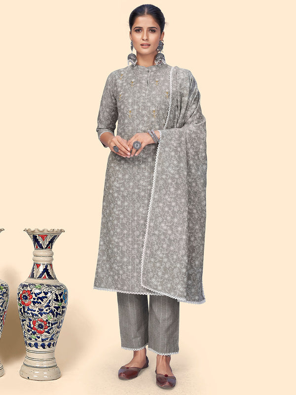 Women's Print & Embroidered Straight Cotton Grey Stitched Kurta Pant With Dupatta - Vbuyz