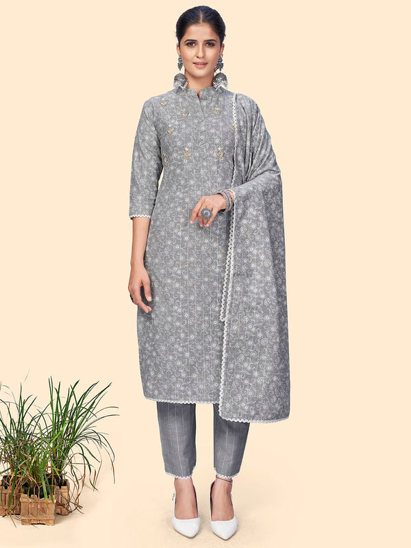 Women's Print & Embroidered Straight Cotton Light Grey Stitched Kurta Pant With Dupatta - Vbuyz