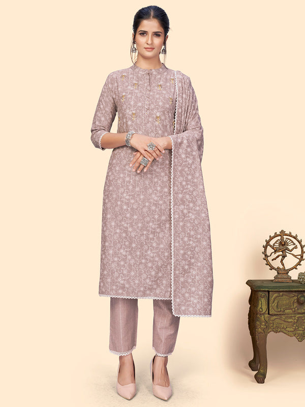 Women's Print & Embroidered Straight Cotton Mauve Stitched Kurta Pant With Dupatta - Vbuyz