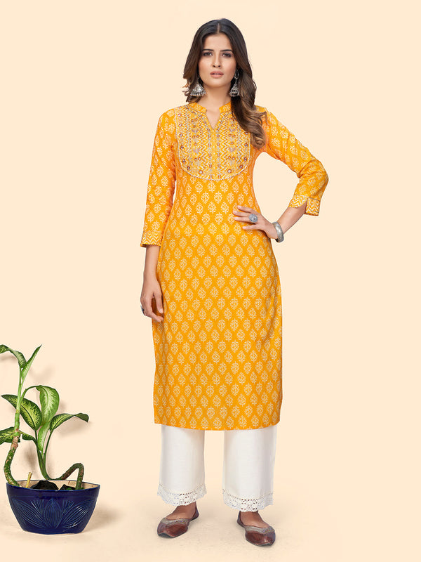 Women's Print & Embroidered Straight Cotton Yellow Stitched Kurta - Vbuyz