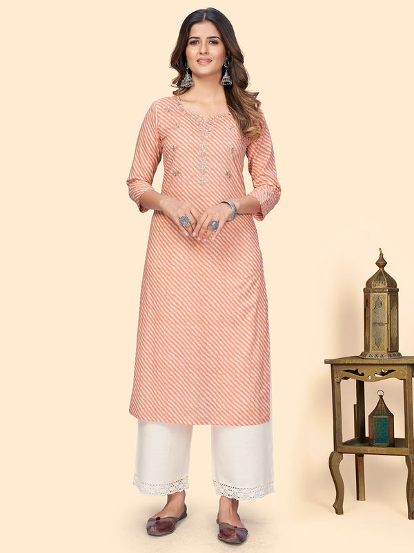 Women's Print & Gota Work Straight Cotton Peach Stitched Kurta - Vbuyz