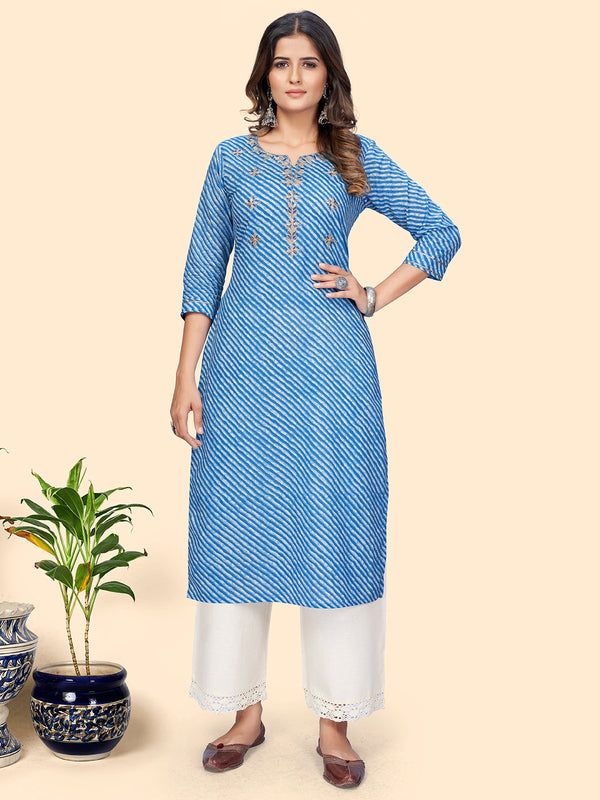 Women's Print & Gota Work Straight Cotton Blue Stitched Kurta - Vbuyz