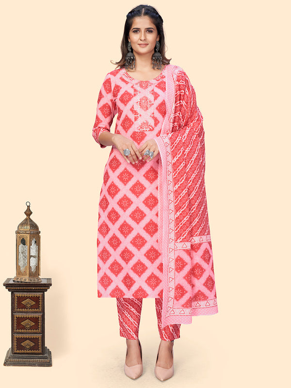 Women's Bandhani Print & Embroiderd Straight Cotton Pink Stitched Kurta Pant With Dupatta - Vbuyz