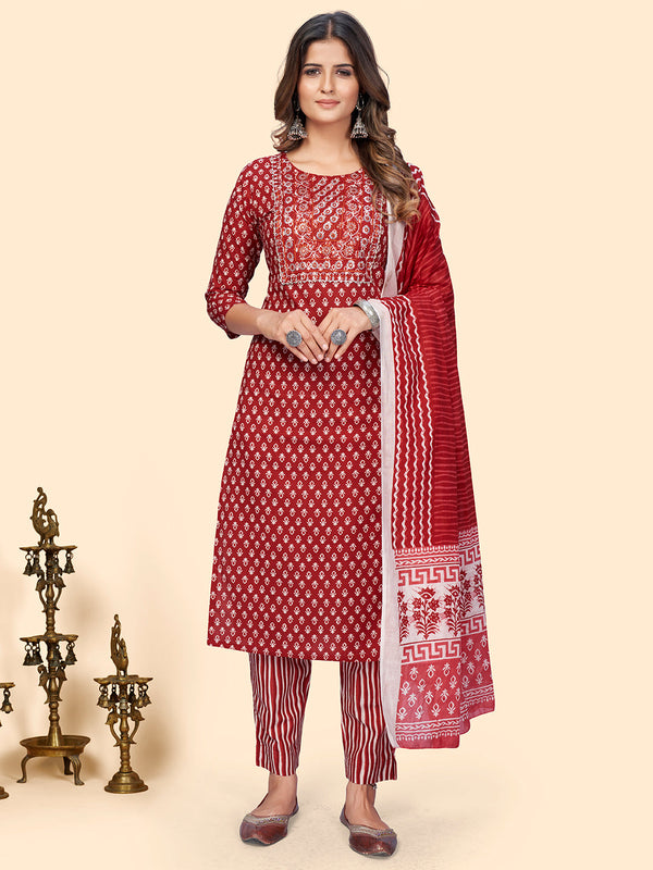 Women's Print & Embroidered Straight Cotton Red Stitched Kurta Pant With Dupatta - Vbuyz