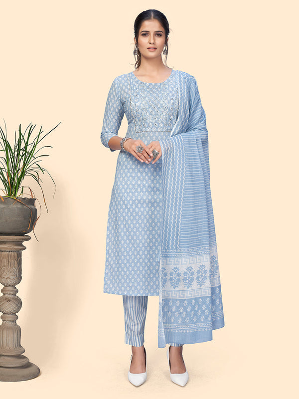 Women's Print & Embroidered Straight Cotton Sky Blue Stitched Kurta Pant With Dupatta - Vbuyz