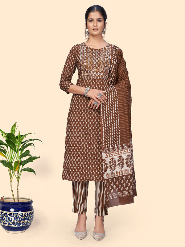 Women's Print & Embroidered Straight Cotton Brown Stitched Kurta Pant With Dupatta - Vbuyz