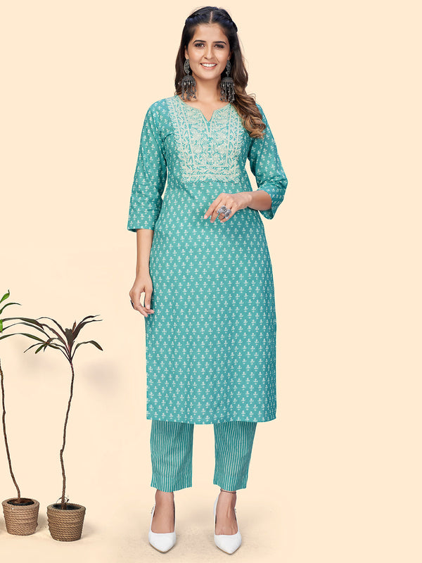 Women's Print & Embroidered Straight Cotton Turquoise Stitched Kurta With Pant - Vbuyz