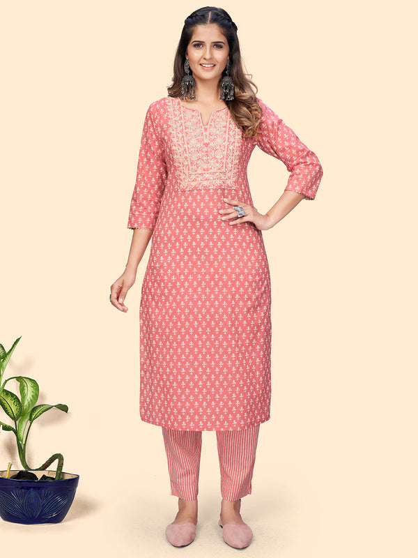 Women's Print & Embroidered Straight Cotton Peach Stitched Kurta With Pant - Vbuyz