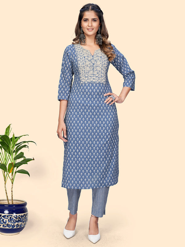 Women's Print & Embroidered Straight Cotton Blue Stitched Kurta With Pant - Vbuyz