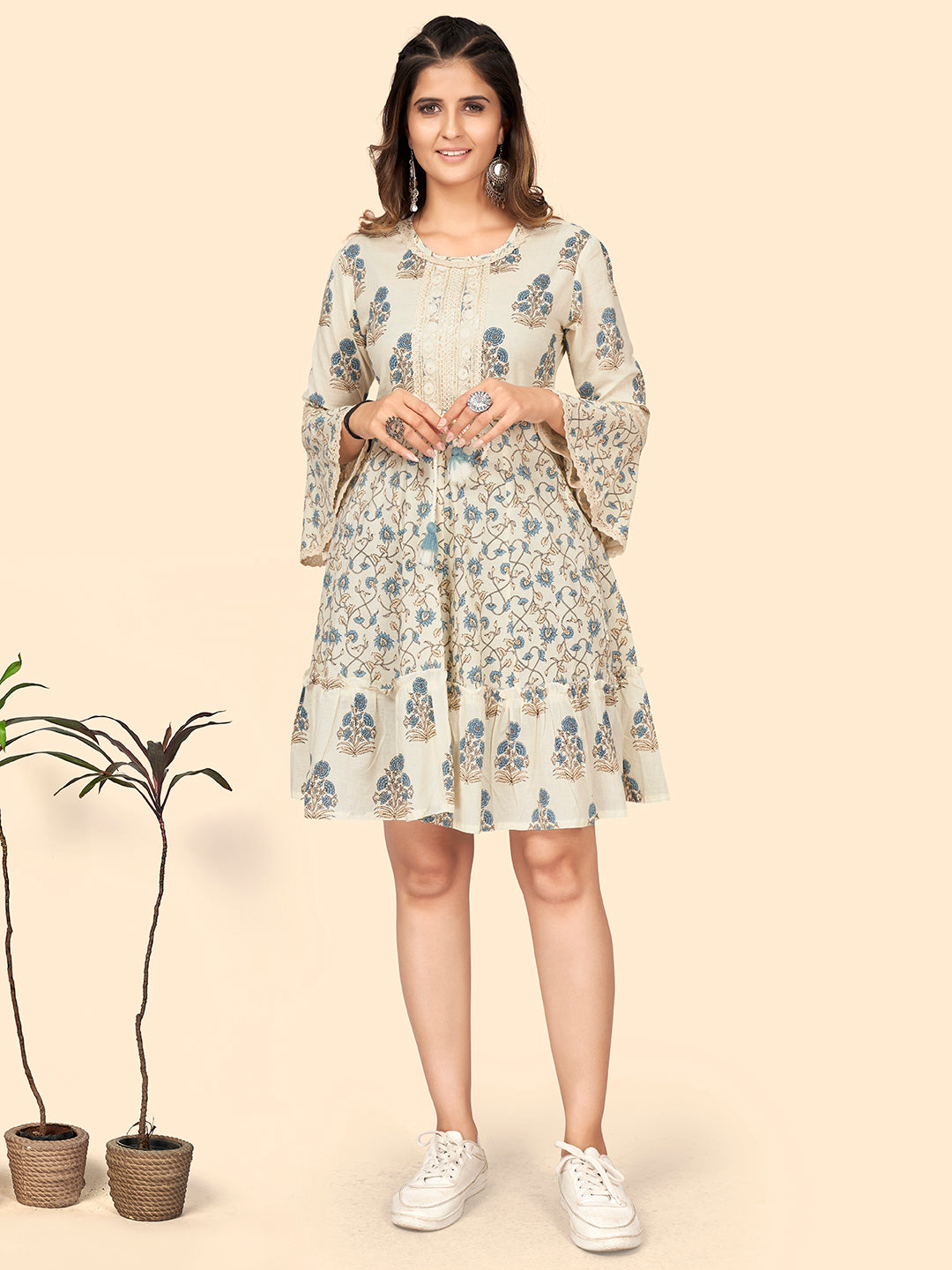 Women's Print & Lace Work Flared Cotton White Stitched Dress - Vbuyz