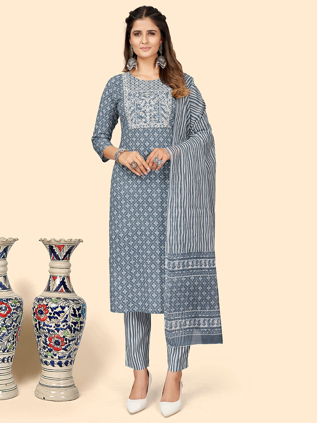 Women's Print & Embroidered Straight Rayon Grey Stitched Kurta Pant With Dupatta - Vbuyz