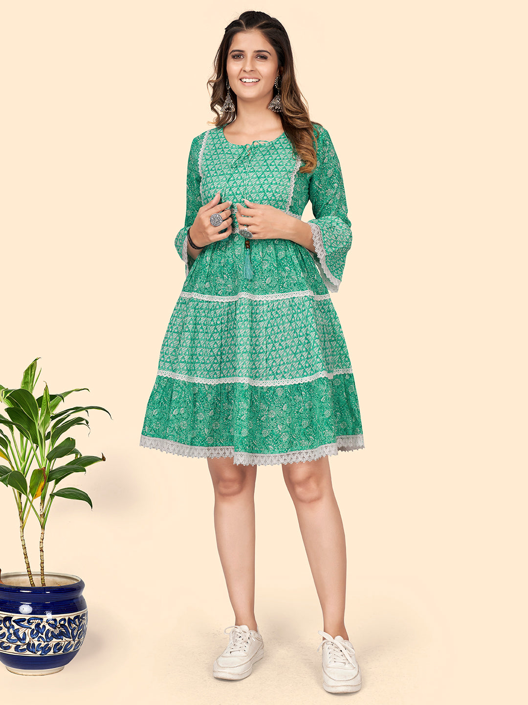 Women's Print & Lace Work Flared Cotton Turquoise Stitched Dress - Vbuyz