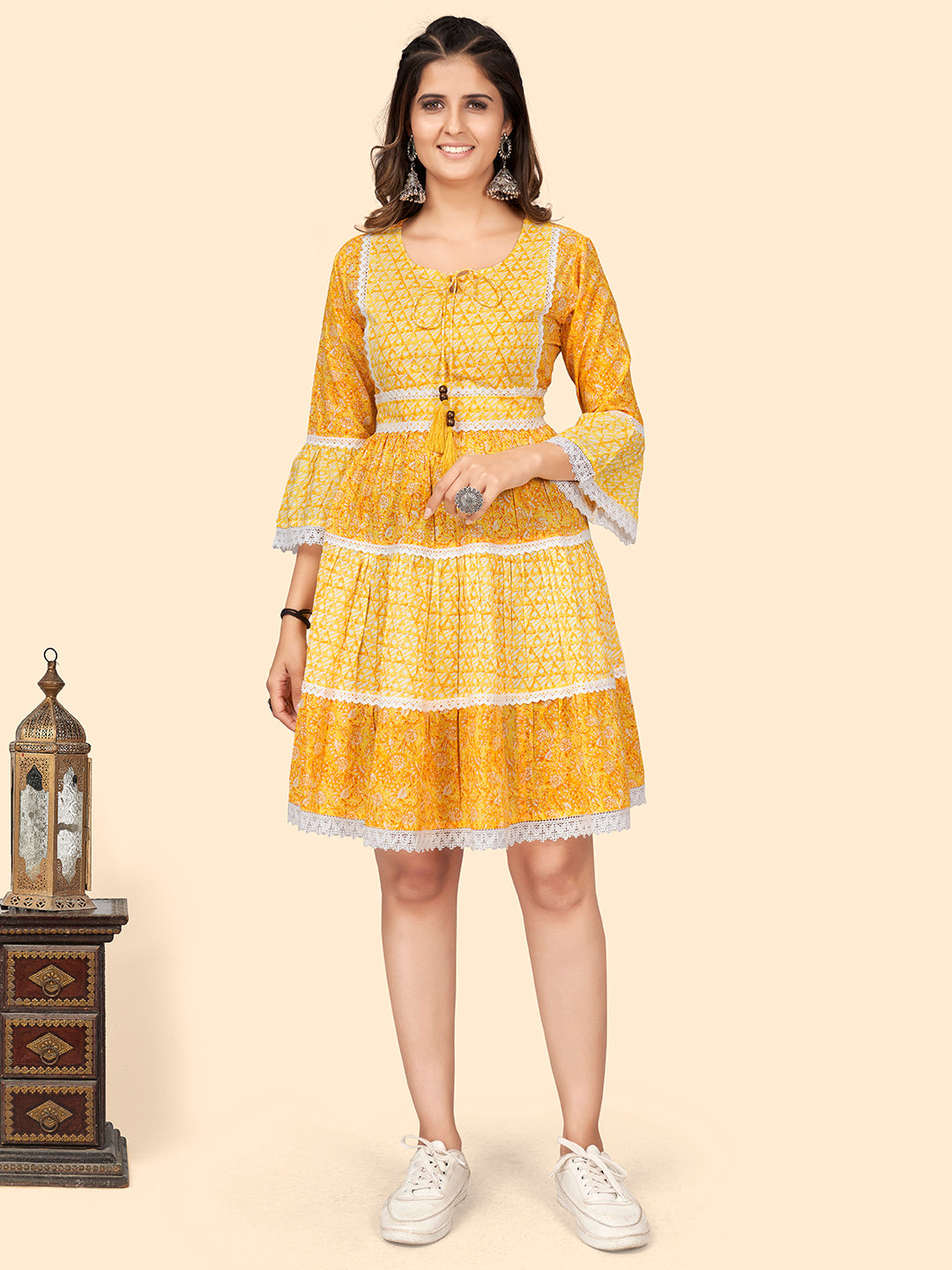 Women's Print & Lace Work Flared Cotton Yellow Stitched Dress - Vbuyz