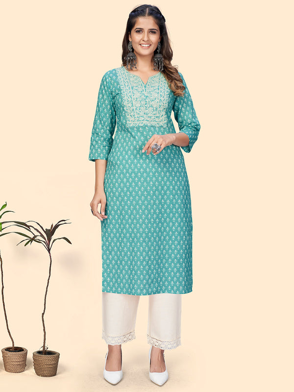 Women's Print & Embroidered Straight Cotton Turquoise Stitched Kurta - Vbuyz