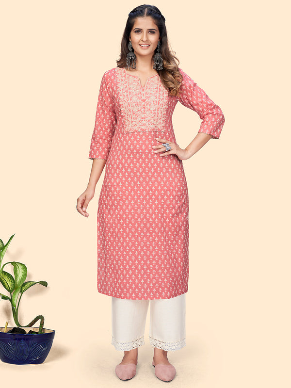 Women's Print & Embroidered Straight Cotton Peach Stitched Kurta - Vbuyz