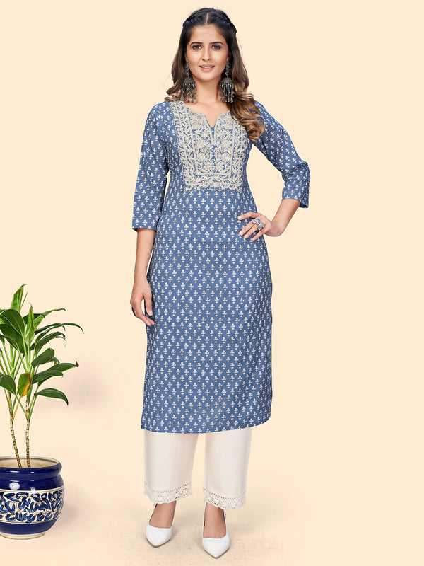 Women's Print & Embroidered Straight Cotton Blue Stitched Kurta - Vbuyz