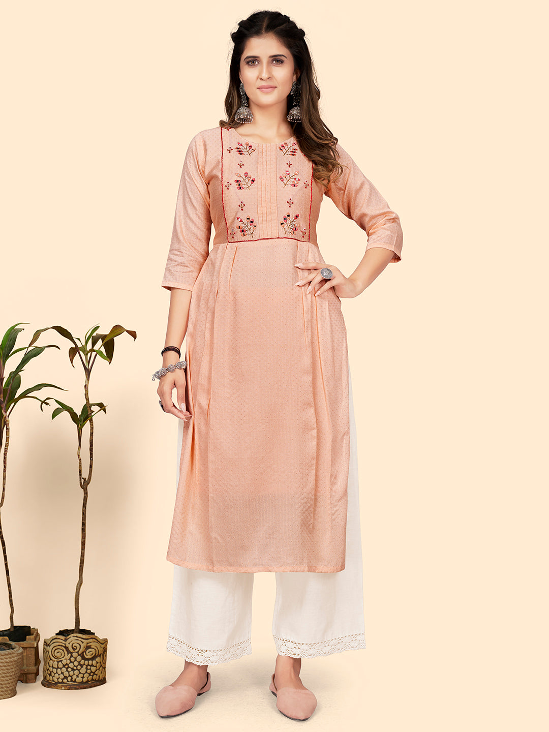 Women's Hand Work Straight Chanderi Jacquard Peach Stitched Kurta - Vbuyz