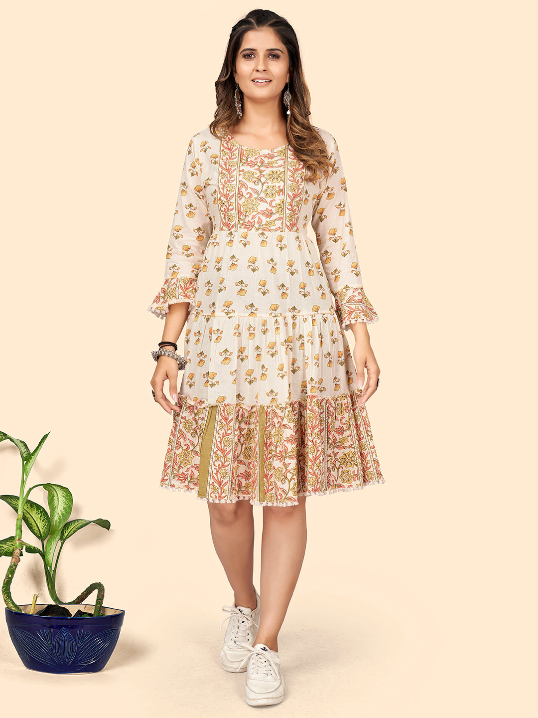 Women's Print & Hand Work Flared Cotton Cream Stitched Dress - Vbuyz