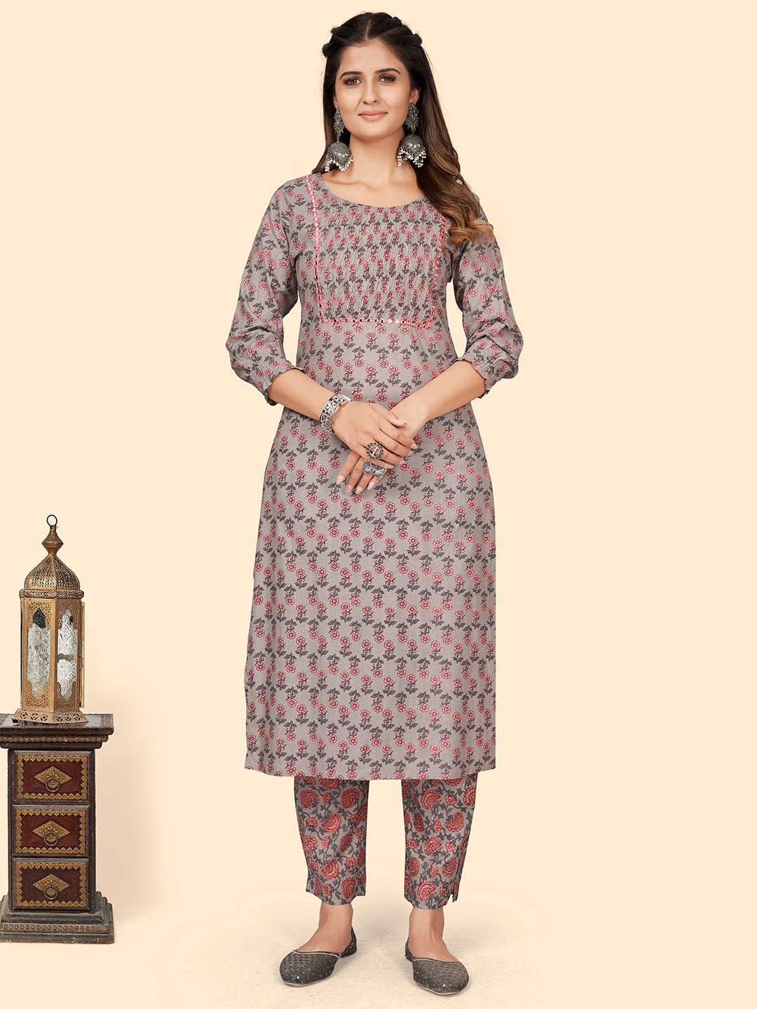 Women's Print & Mirror Work Straight Cotton Grey Stitched Kurta - Vbuyz