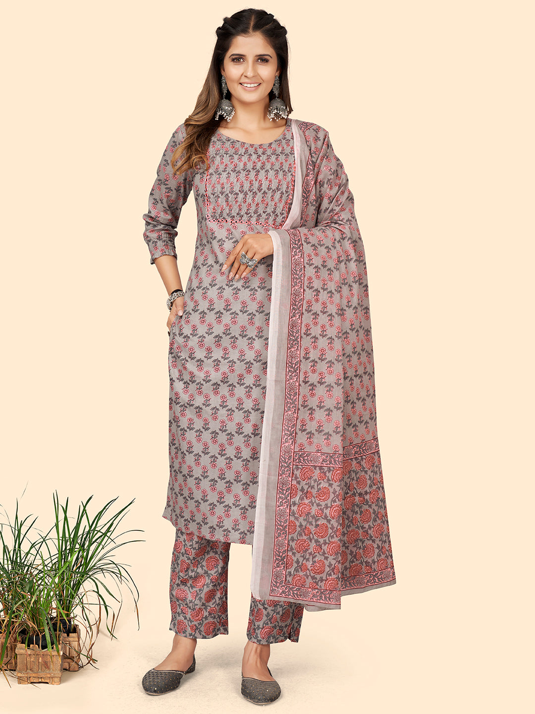 Women's Print & Mirror Work Straight Cotton Grey Stitched Kurta Pant With Dupatta - Vbuyz