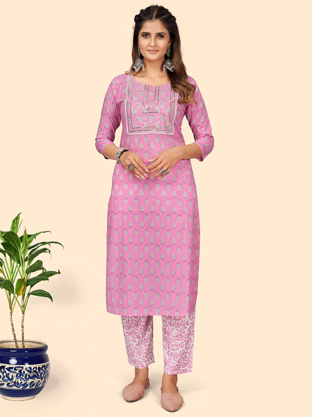 Women's Print & Sequience Straight Cotton Pink Stitched Kurta  - Vbuyz