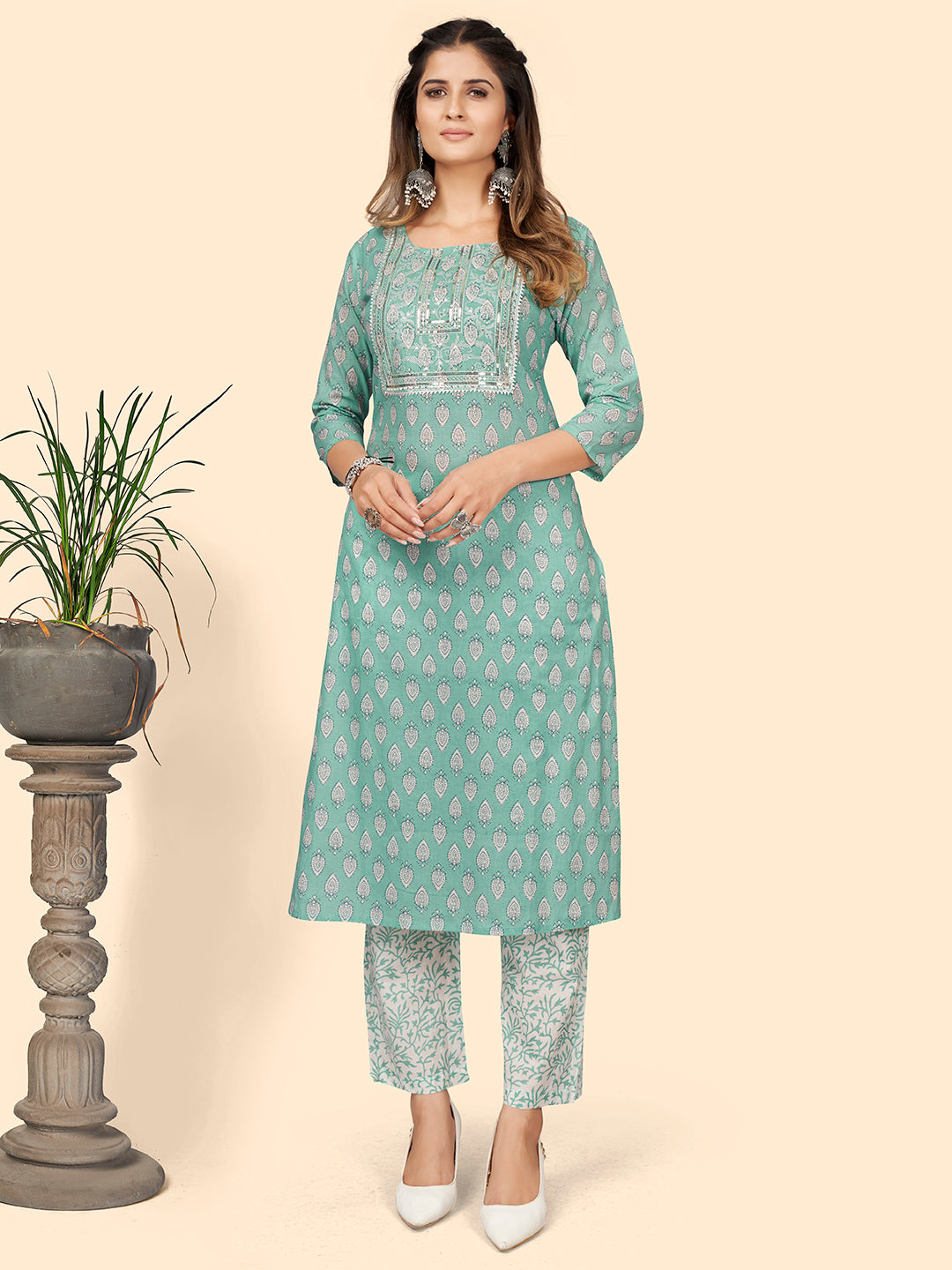 Women's Print & Sequience Straight Cotton Turquoise Stitched Kurta  - Vbuyz