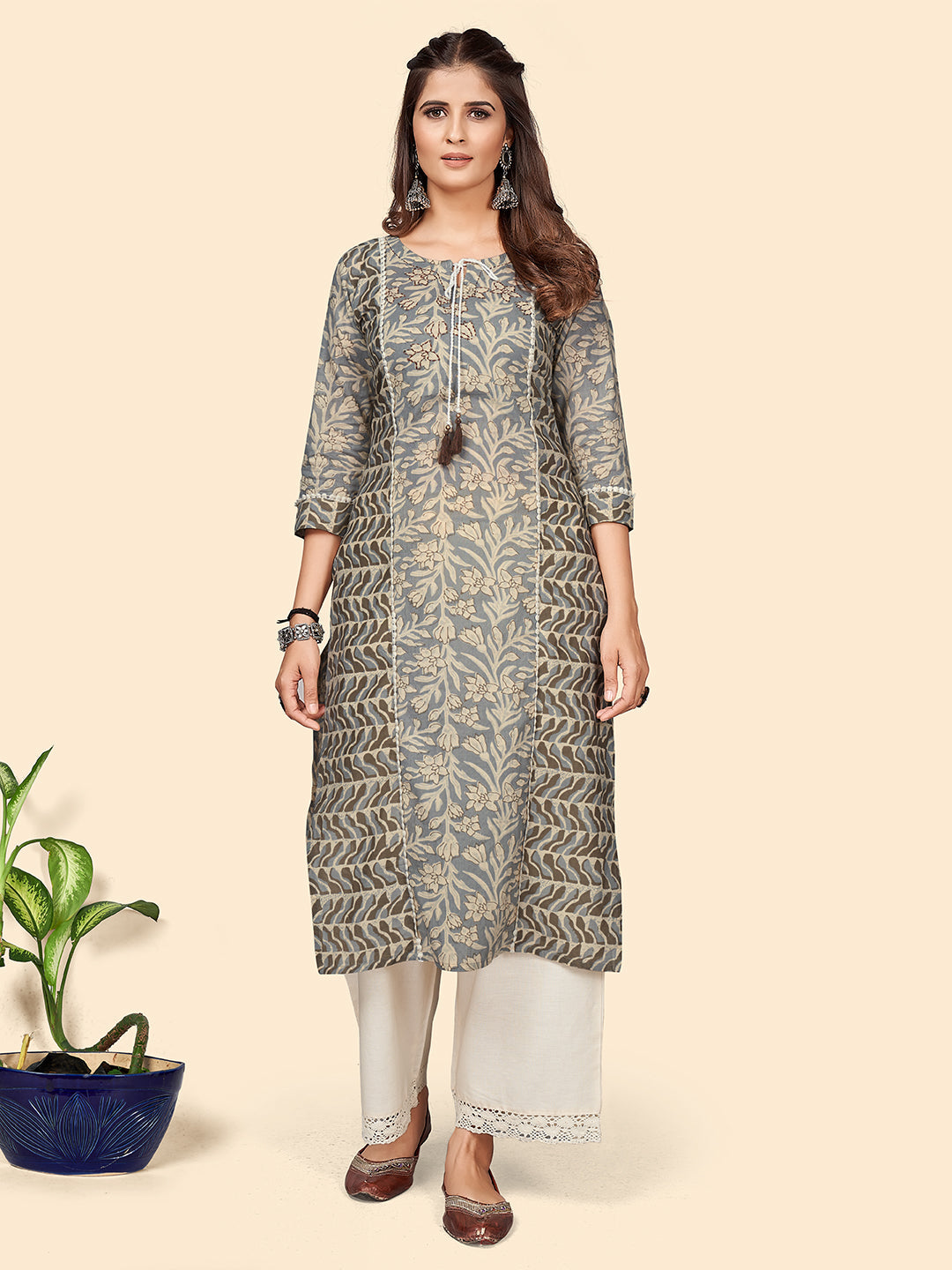 Women's Print & Hand Work Straight Cotton Grey Stitched Kurta - Vbuyz