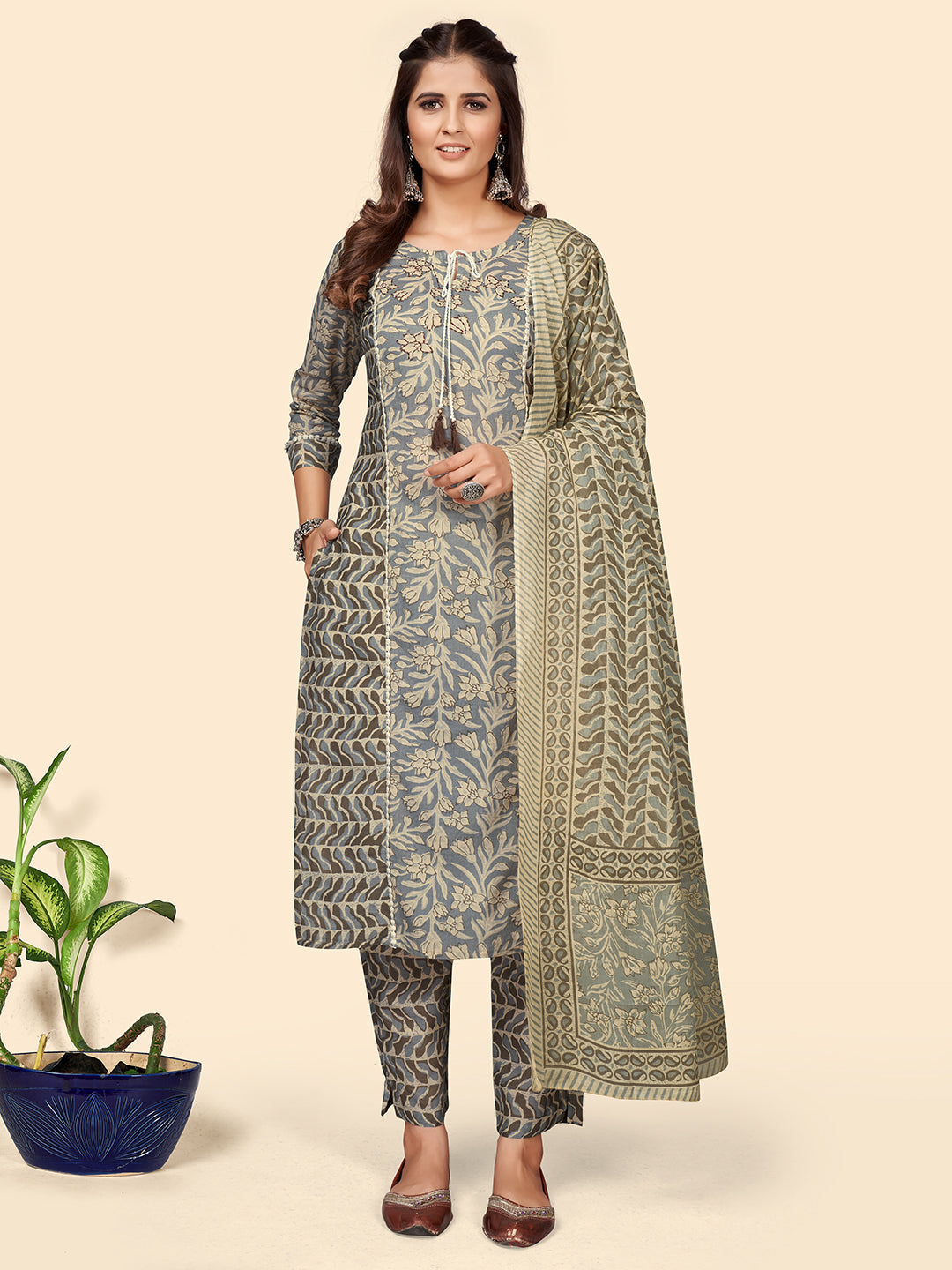 Women's Print & Hand Work Straight Cotton Grey Stitched Kurta Pant With Dupatta - Vbuyz