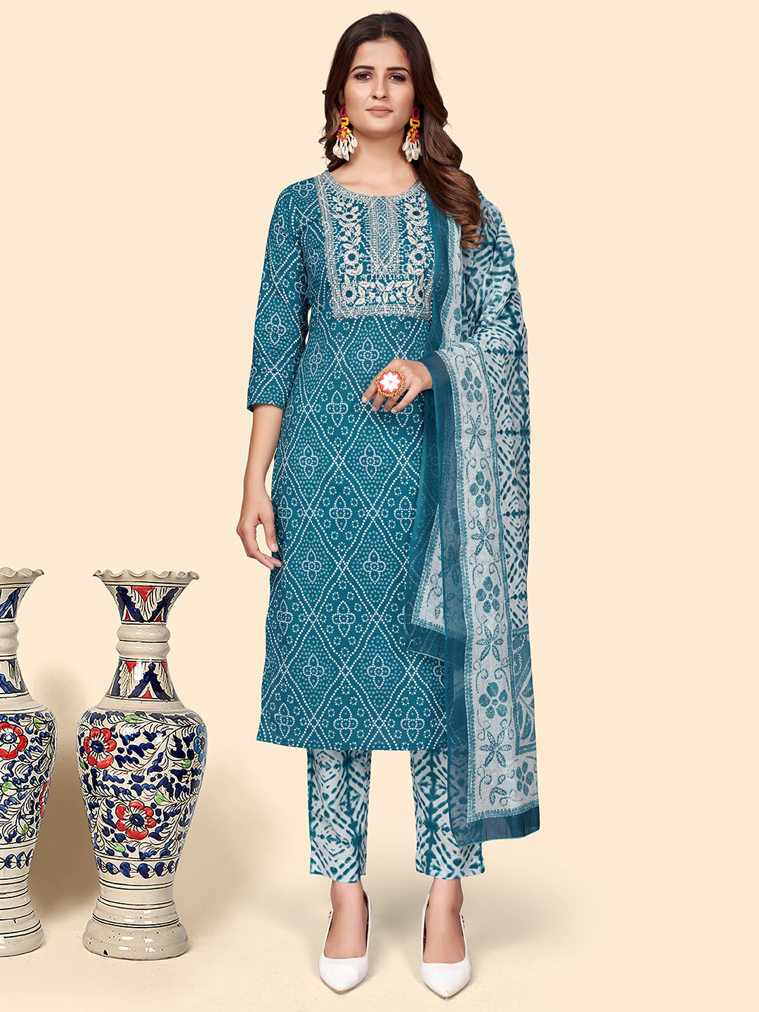 Women's Print & Embroidered Straight Cotton Teal Stitched Kurta Pant With Dupatta - Vbuyz