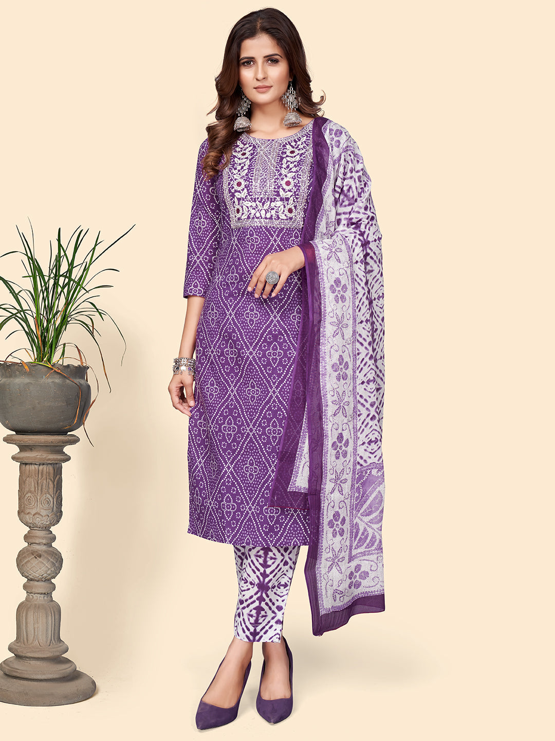 Women's Print & Embroidered Straight Cotton Lavender Stitched Kurta Pant With Dupatta - Vbuyz