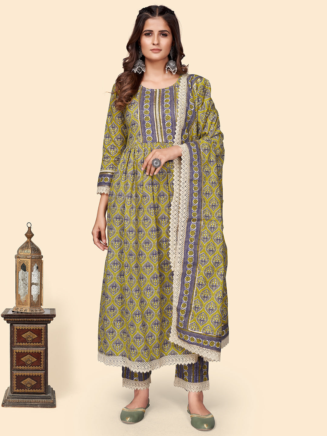 Women's Print & Gota Patti Straight Cotton Olive Stitched Kurta Pant With Dupatta - Vbuyz