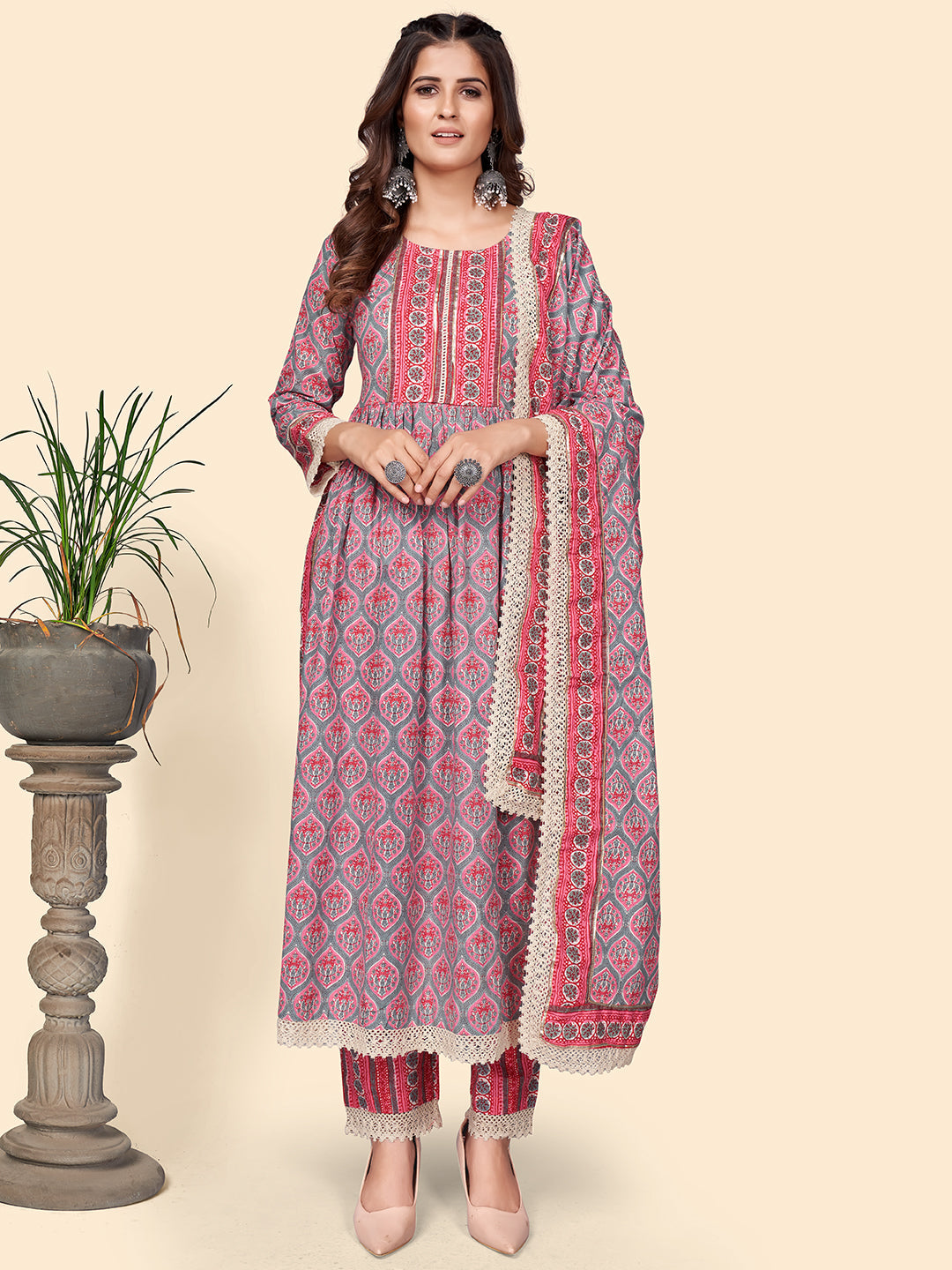 Women's Print & Gota Patti Straight Cotton Pink Stitched Kurta Pant With Dupatta - Vbuyz