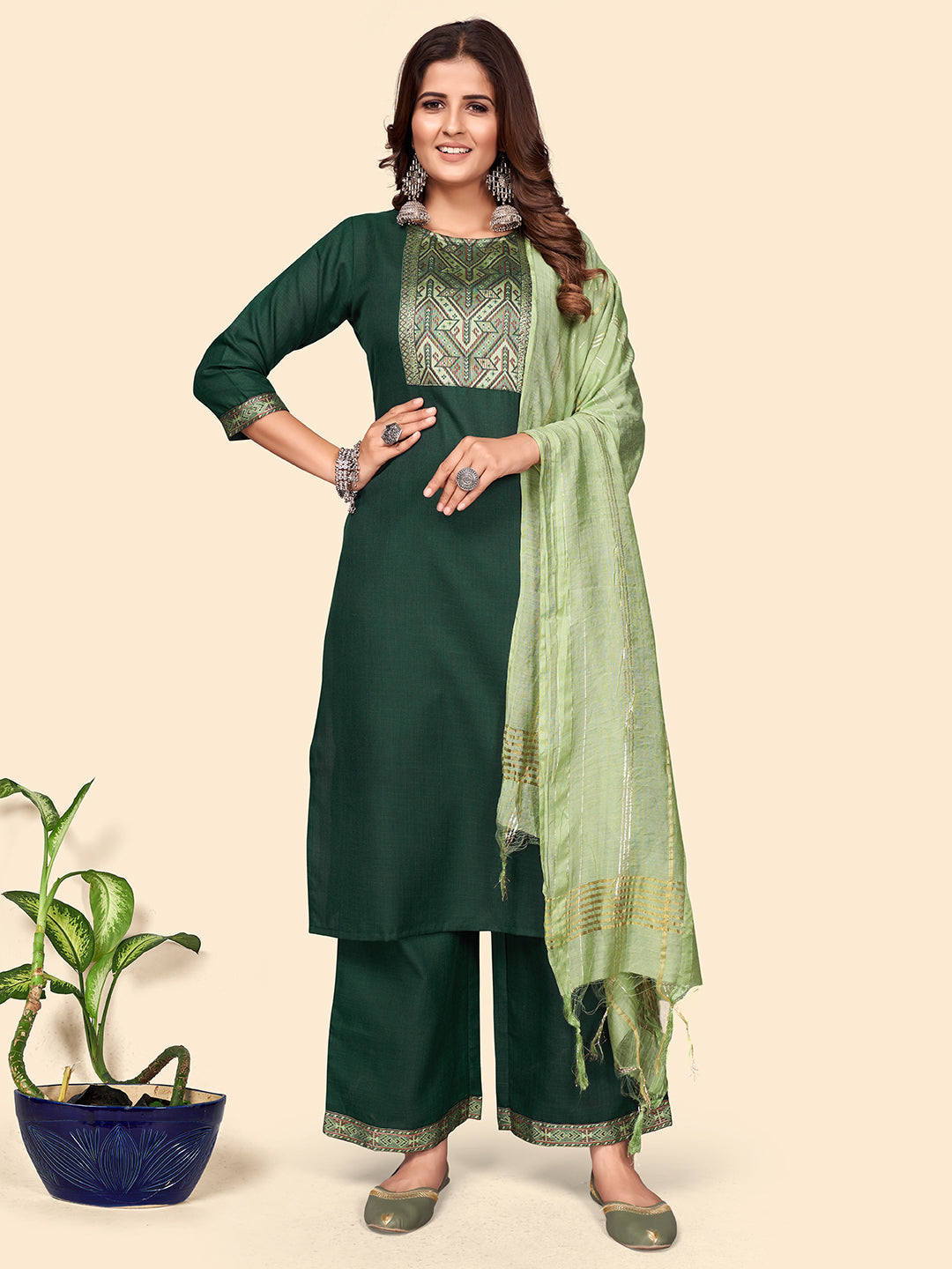 Women's Printed Straight Cotton Blend Green Stitched Kurta Palazzo With Dupatta - Vbuyz