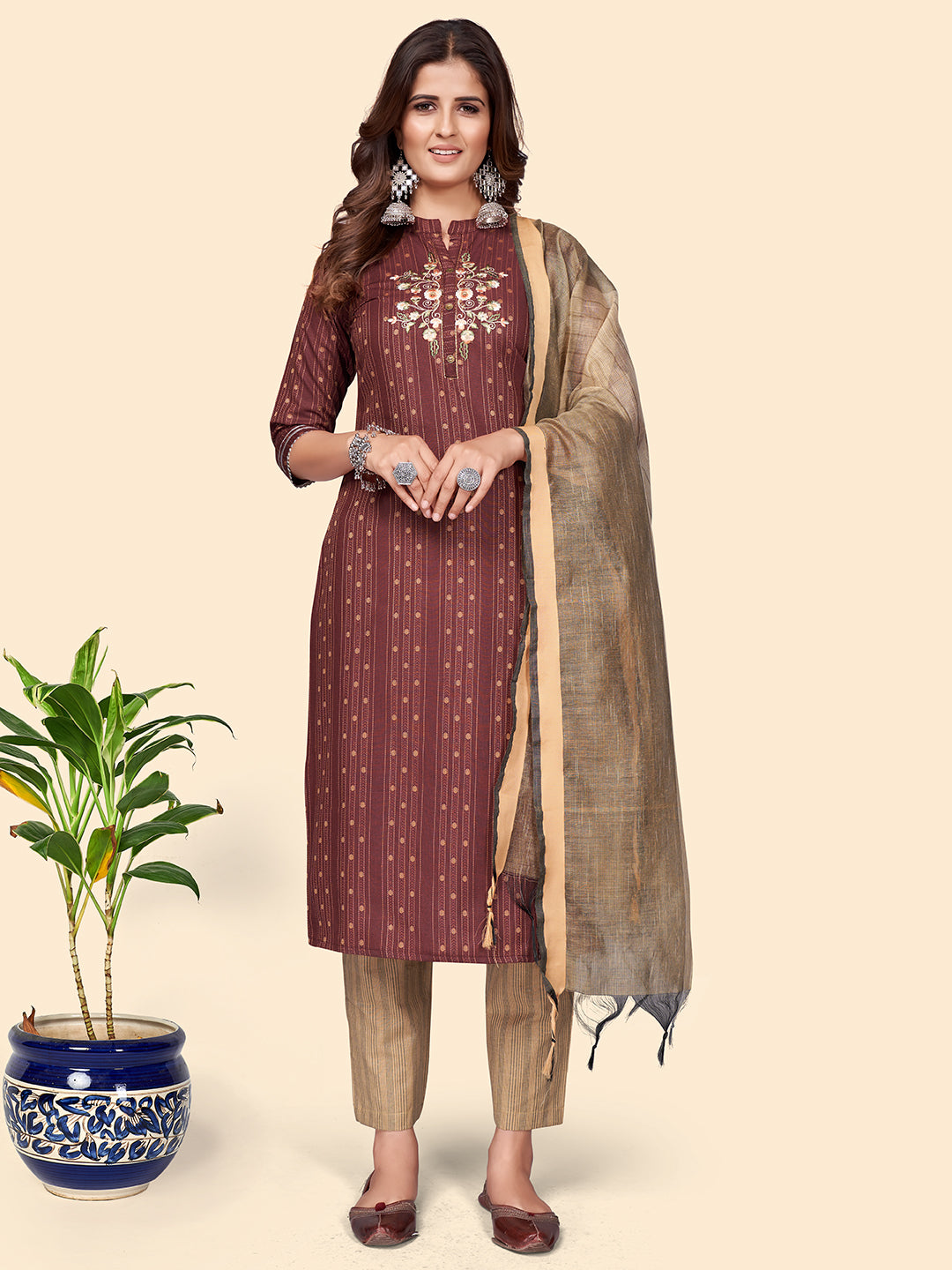 Women's Print & Embroidered Straight Cotton Blend Maroon Stitched Kurta Pant With Dupatta - Vbuyz