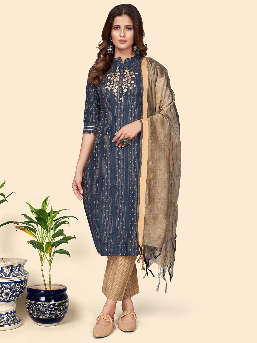 Women's Print & Embroidered Straight Cotton Blend Navy Blue Stitched Kurta Pant With Dupatta - Vbuyz