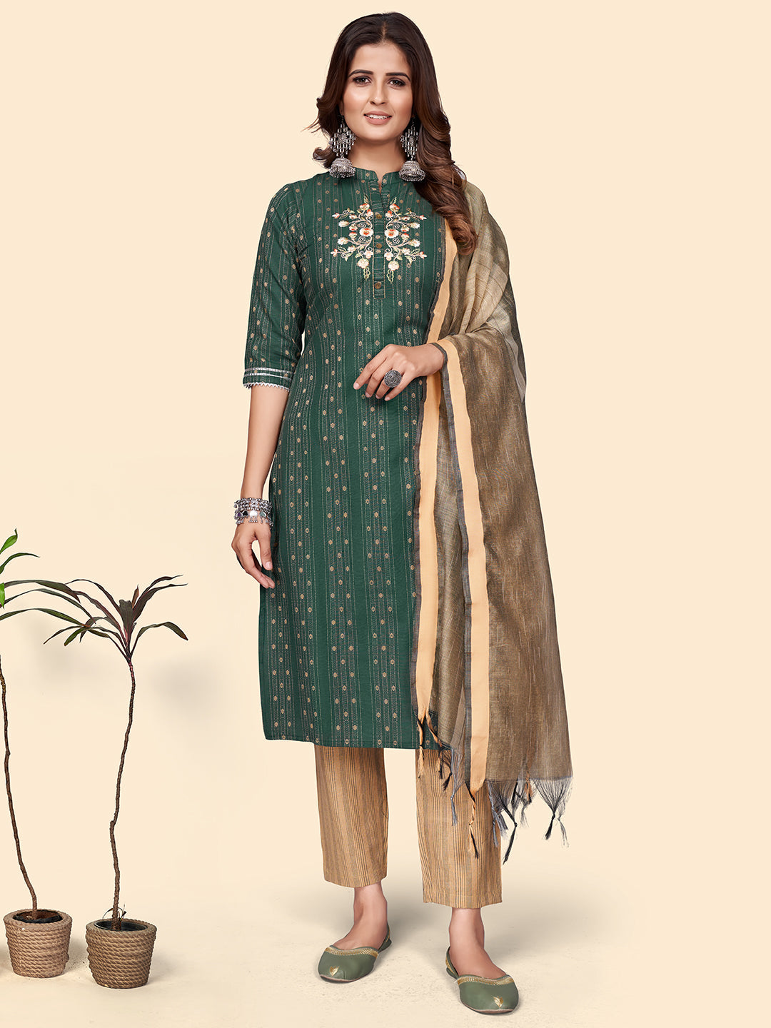 Women's Print & Embroidered Straight Cotton Blend Green Stitched Kurta Pant With Dupatta - Vbuyz