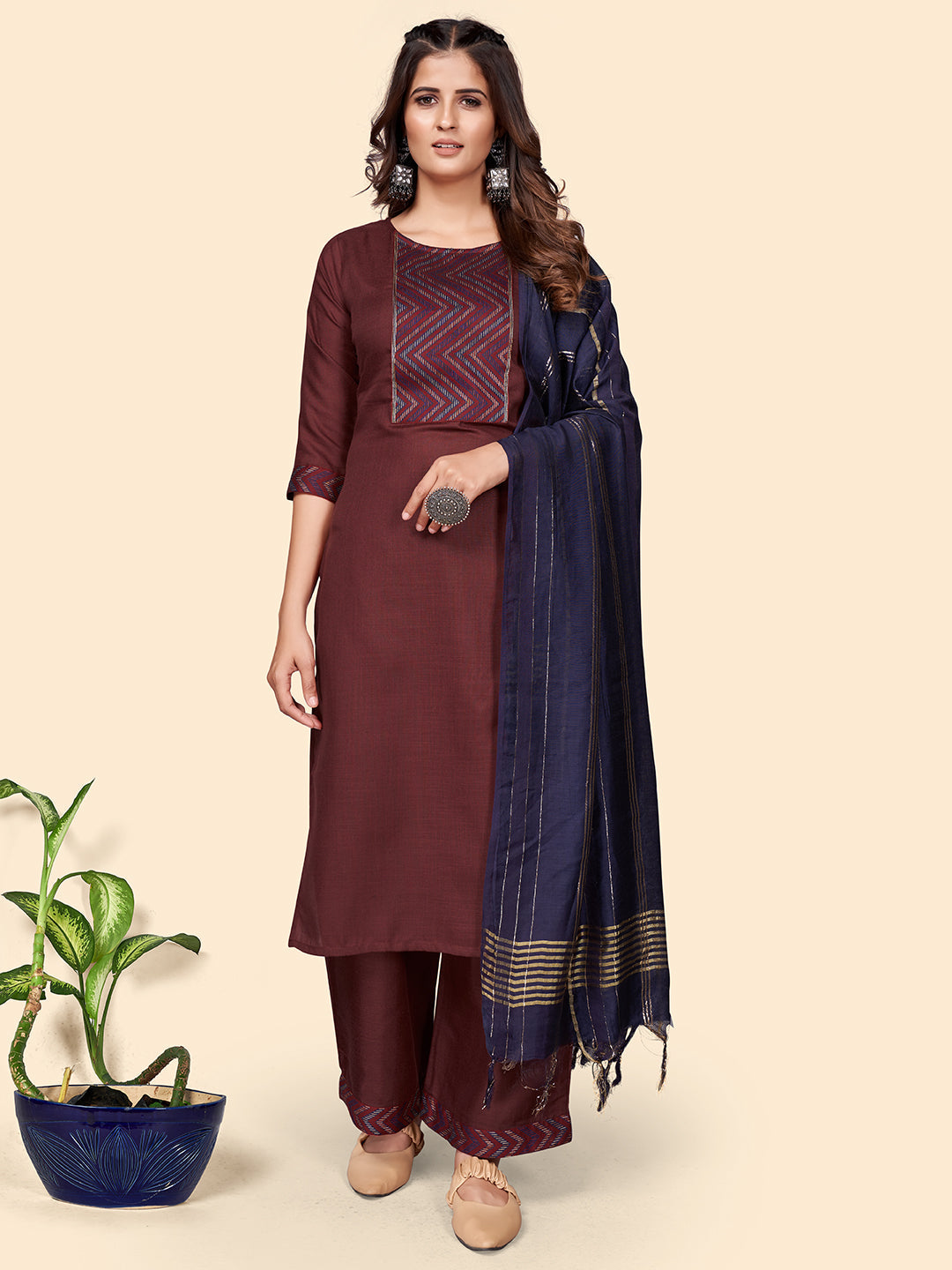 Women's Printed Straight Cotton Blend Maroon Stitched Kurta Palazzo With Dupatta - Vbuyz