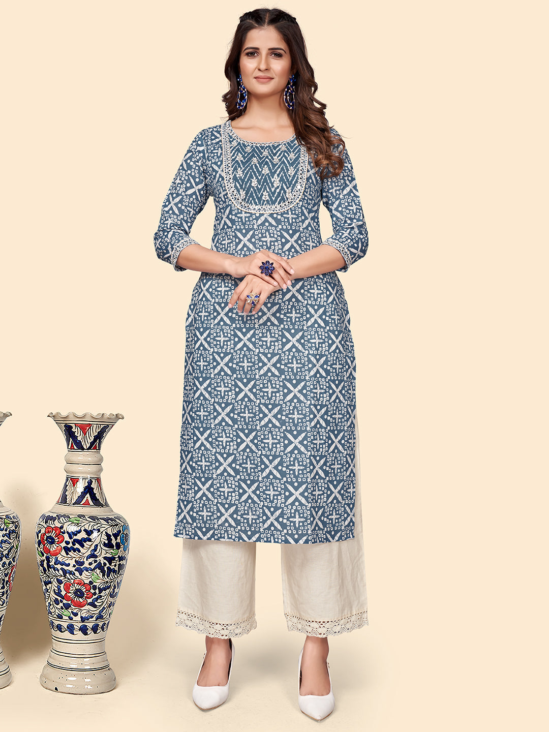 Women's Print & Embroidered Straight Cotton Blue Stitched Kurta - Vbuyz