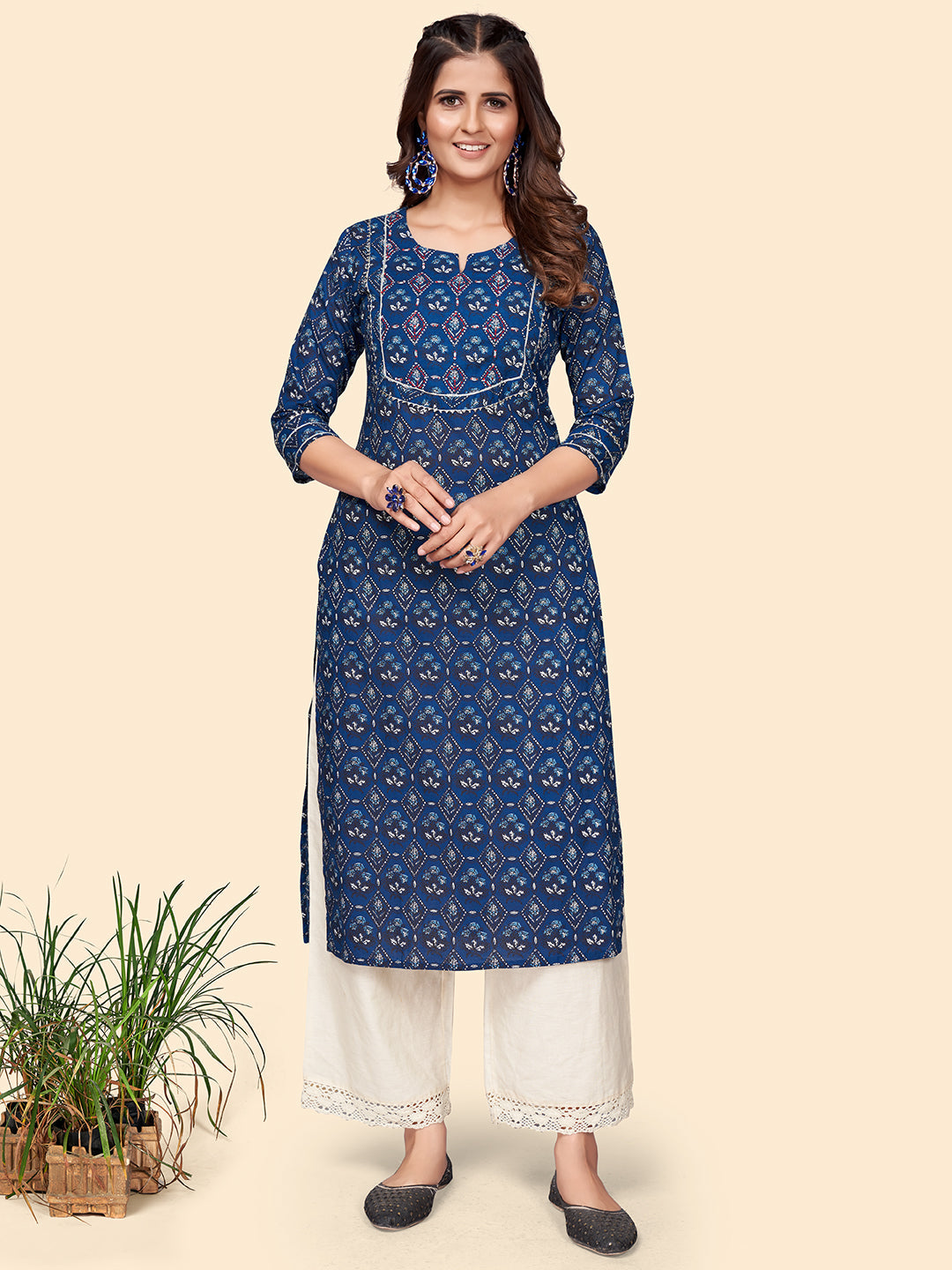 Women's Print & Hand Work Straight Cotton Blue Stitched Kurta - Vbuyz