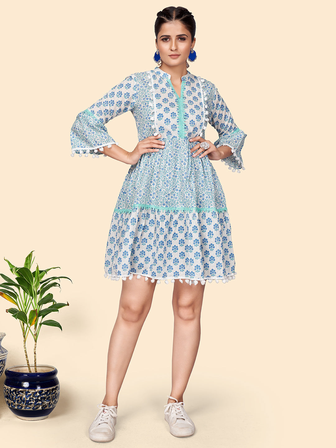 Women's Floral Print Flared Cotton Blue Stitched Dress - Vbuyz