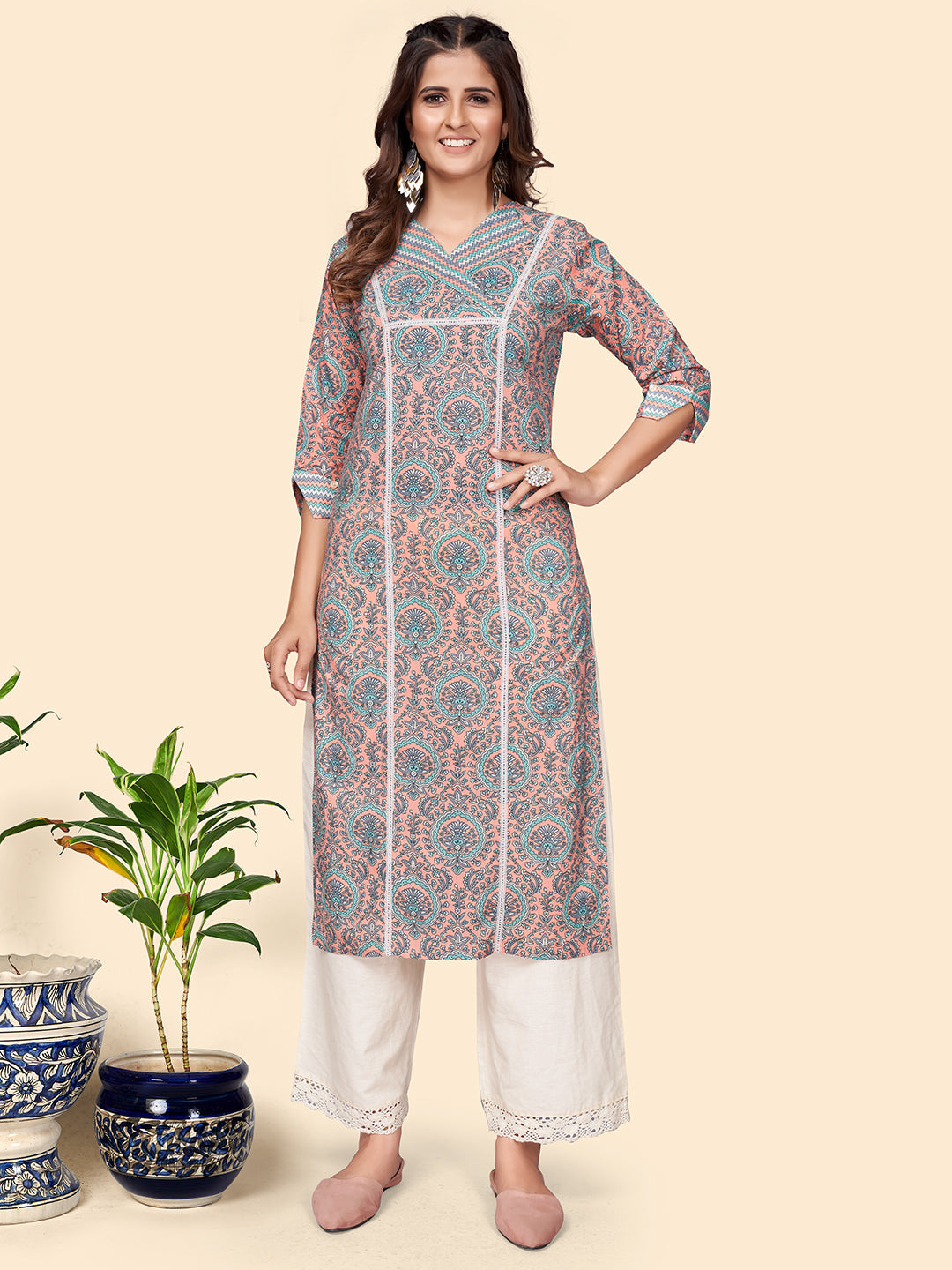 Women's Printed Straight Cotton Peach Stitched Kurta - Vbuyz