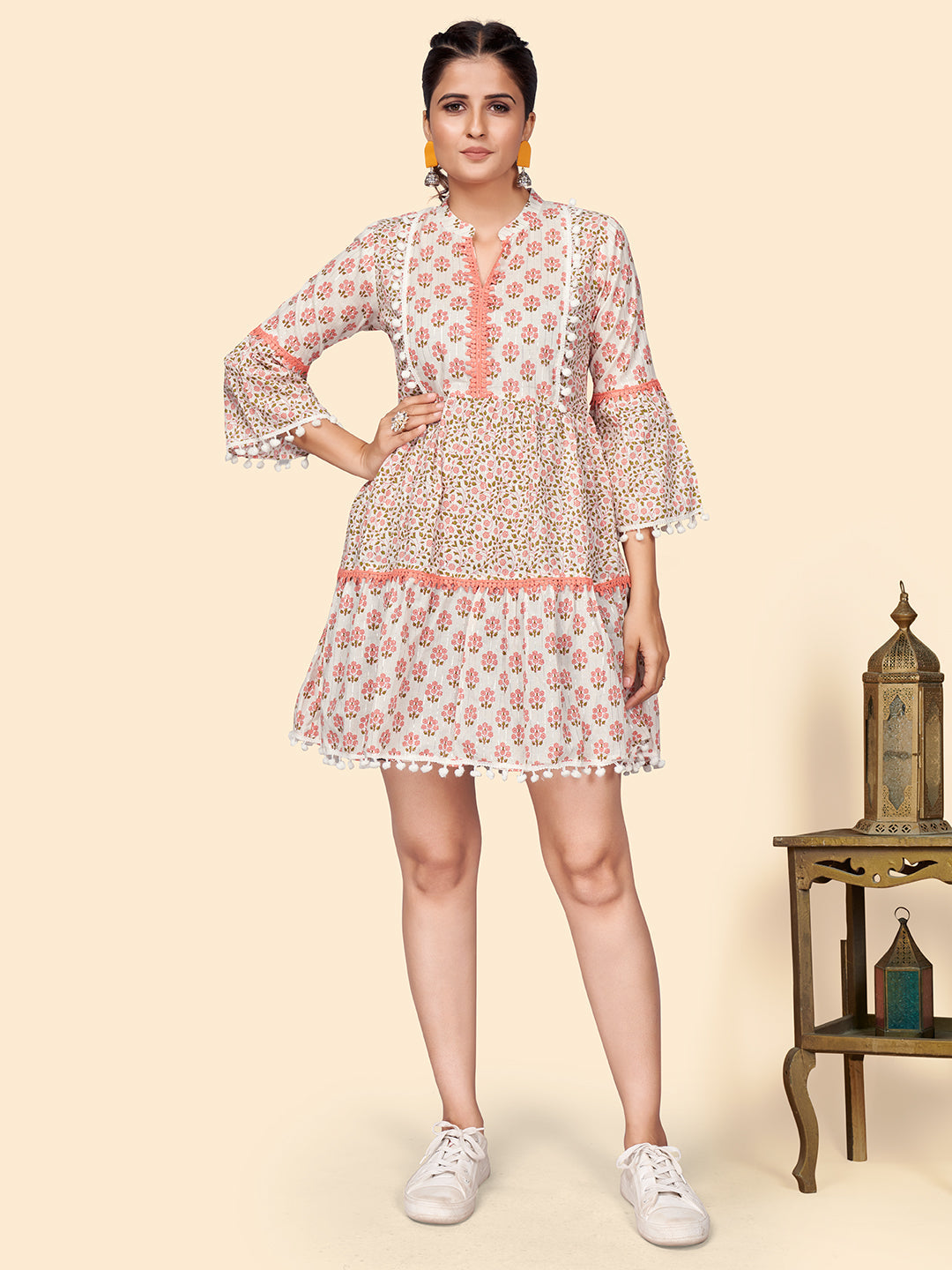 Women's Printed Flared Cotton Orange Stitched Dress - Vbuyz