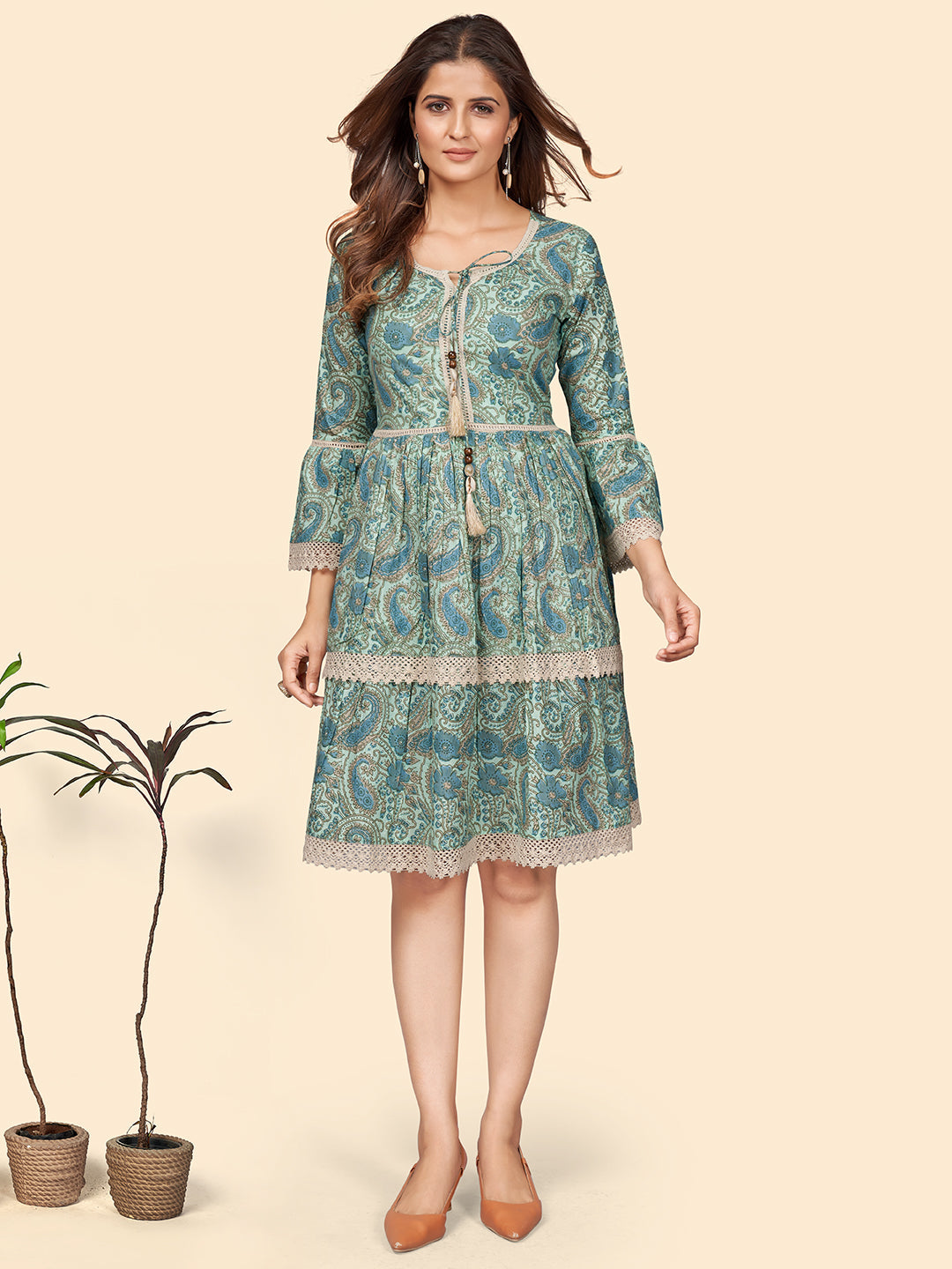 Women's Printed Flared Cotton Sea Green Stitched Dress - Vbuyz