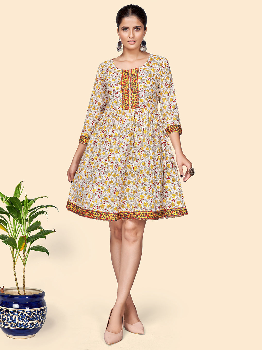 Women's Floral Print Flared Cotton Yellow Stitched Dress - Vbuyz